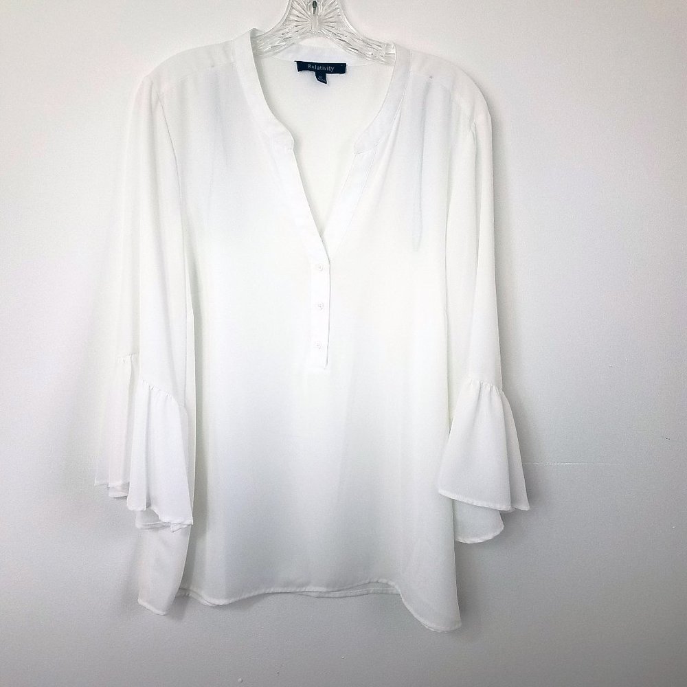 Relativity White V-Neck Ruffle Sleeve Blouse